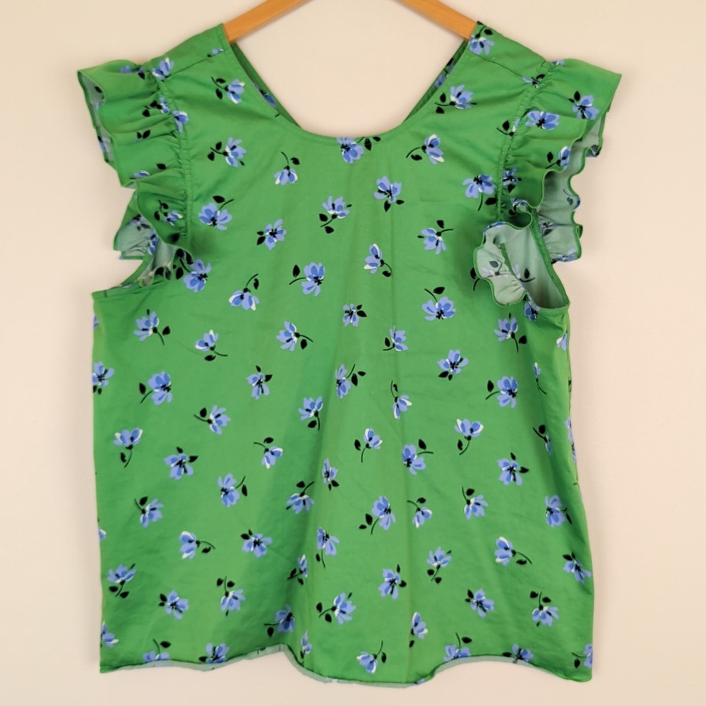 Kate Spade Green Floral Flutter Sleeve Top